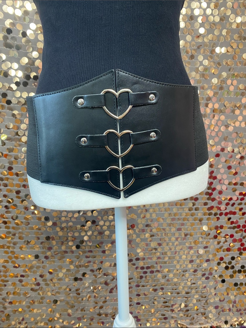 Black corset belt with silver heart details #481